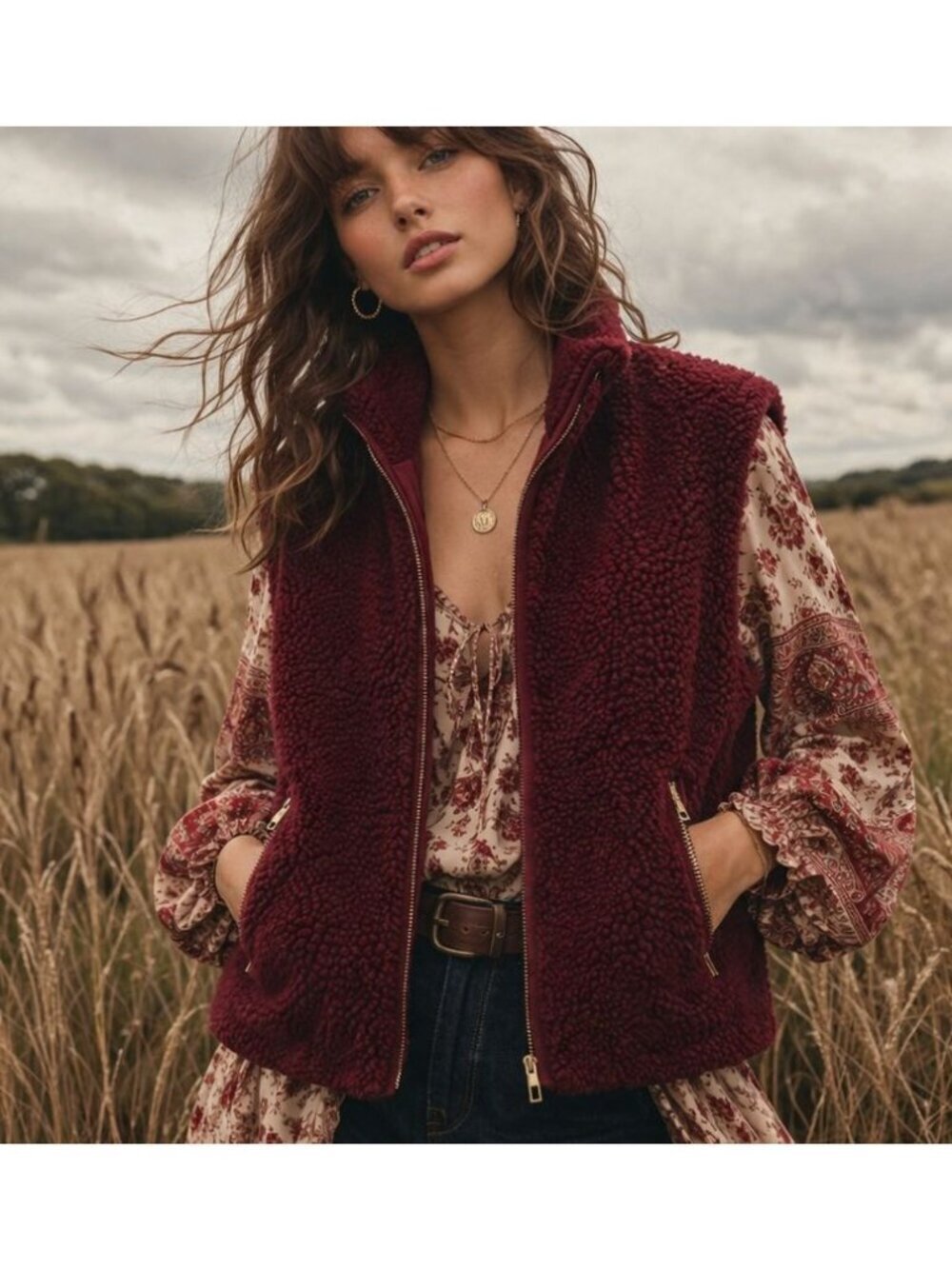 J. Crew Mercantile Sherpa Vest Burgundy Deep Red H1197 Size M